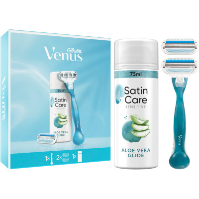 Набір косметики Gillette Станок для гоління Venus Smooth + 2 змінних леза + Гель для гоління Satin Care Алое Вера 75 мл (8700216077217)