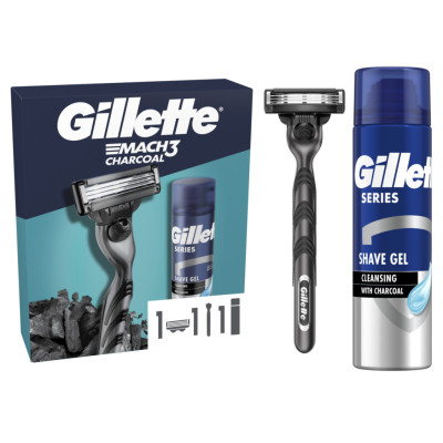 Набір косметики Gillette Mach3 Станок для гоління Charcoal з 1 змінним картриджем + Гель для гоління 200 мл (8700216566469)
