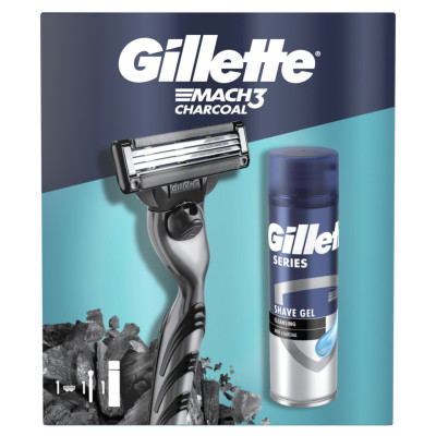 Набор косметики Gillette Mach3 Станок для бритья Charcoal с 1 сменным картриджем + Гель для бритья 200 мл (8700216566469)