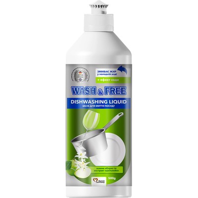Средство для ручного мытья посуды Wash&Free зеленое яблоко и экстракт эдельвейса 500 г (4260637724267)
